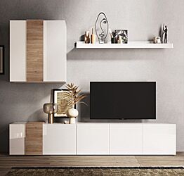 Parete attrezzata moderna, 6 ante battenti, finitura Bianco Lucido e Kadiz