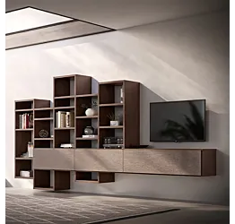 Parete attrezzata SKT39 Tomasella, con libreria, Paglia Bronzo e Rovere moka