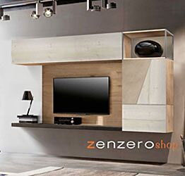 Parete attrezzata moderna finitura Argilla, Grigio Cenere e Rovere sbiancato