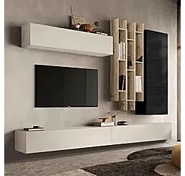 Parete attrezzata sospesa Cadiz, Cashmere e Nero frassino