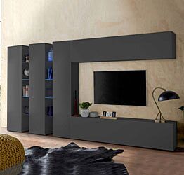 Conveniente Parete attrezzata L.340 cm, finitura Antracite lucido, Made in Italy