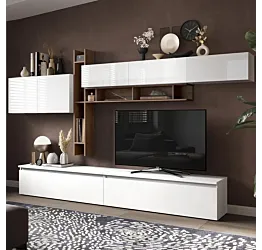 Parete attrezzata Logica con base, pensili e librerie, Bianco lucido e Mercure, L.336 Zenzero Shop