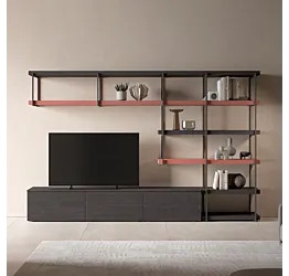 Parete attrezzata SKT15 Tomasella, Rovere carbone e Laccato Rubino