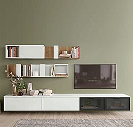 Parete attrezzata sala, finitura Cemento artico e Royal oak