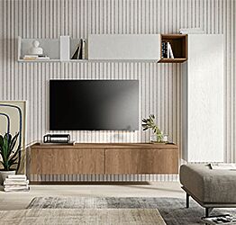 Parete moderna salotto, finitura Rovere bianco e Rovere cognac