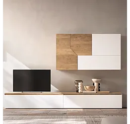 Parete attrezzata Tomasella con pensili Remix, Nodato chiaro e Bianco gesso