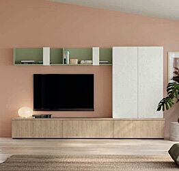 Parete moderna soggiorno, finitura Rovere bianco, Royal oak e Oliva