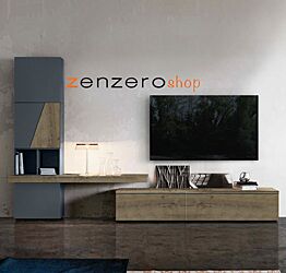 Parete attrezzata in finitura petrolio e rovere tabacco