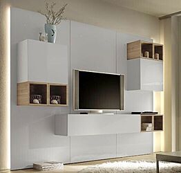 Soggiorno Zenzero, parete attrezzata moderna di design, in Noce Stelvio e laccato bianco - 270x180 cm