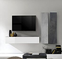 Soggiorno Zenzero, parete attrezzata in laccato bianco lucido, Piombo e Beton