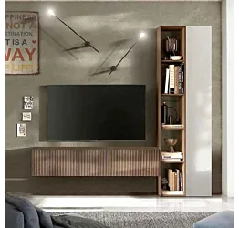 Acquista ora Design parete attrezzata soggiorno L.195 cm, Mercure cannettato e Gesso, collezione Logica