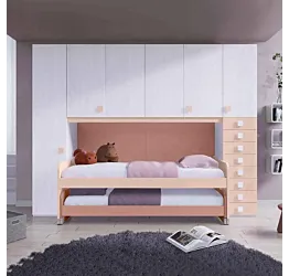 Cameretta a ponte rosa Peonia, Rosa antico e Bianco frassino, 2 posti letto