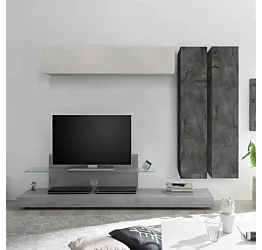 Parete attrezzata formata da Porta Tv e 3 Pensili, finitura Beton, Gesso ed Piombo