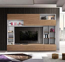 Soggiorno Zenzero,parete attrezzata moderna con libreria, 2 ribalte e vasistas, finitura Bianca e Noce