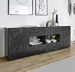 Madia 2 ante e 4 cassetti, grigio laccato lucido con serigrafia prismatica