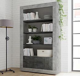 Libreria moderna con 3 ripiani e 2 ante, finitura cemento e ossido