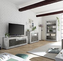 Soggiorno moderno completo con Porta TV, Madia e Libreria, finitura cemento e ossido