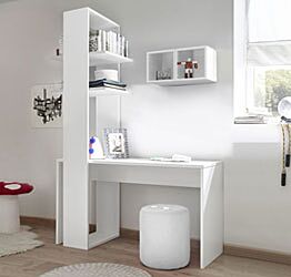 Zona studio per camerette con Scrivania, Libreria e Vani a giorno, Bianco Opaco