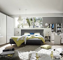 Camera moderna completa in finitura bianco lucido ed ecopelle Antracite