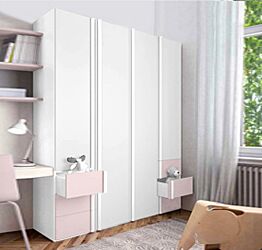 Armadio moderno 4 ante battenti e 6 cassetti in Bianco e Rosa confetto