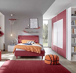 Cameretta completa per ragazzi, letto con testiera imbottita e armadio scorrevole, finitura rosso