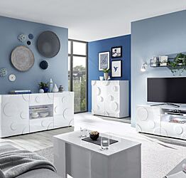 Sala moderna, composta da Porta TV e 2 Madie cerchio, Bianco lucido