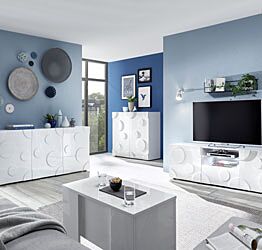 Sala moderna Bianca lucida, composta da Porta TV e 2 Madie cerchio