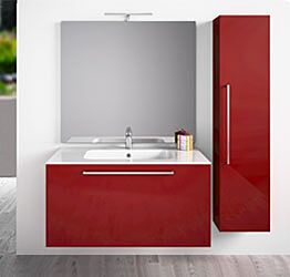 Mobile da bagno sospeso con colonna, Rosso Lucido Antigraffio