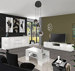 Salotto minimal di design finitura bianco laccato lucido, Made in Italy