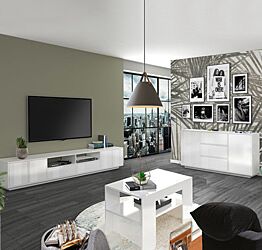 Zona giorno di design formata da madia 2 ante e 3 cassetti e spazioso porta TV 