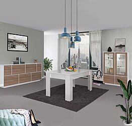 Sala da pranzo formata da vetrina, tavolo e credenza bianco lucido e noce caracalla