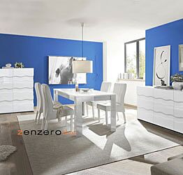 Soggiorno moderno completo di 2 Madie Onda e Tavolo bianco laccato lucido