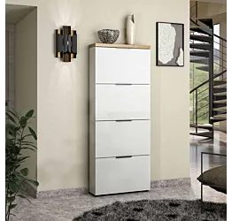 Scarpiera 4 ribalte, Bianco lucido e Rovere