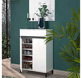 Scarpiera 2 ante e 1 cassetto, Bianco lucido 