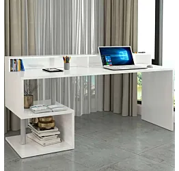 Scrivania con due vani a giorno, 180x90x60 h cm, Bianco laccato lucido