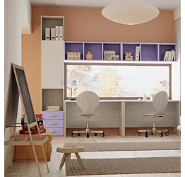 Zona studio con 2 scrivanie, libreria e pensili a giorno, Cenere wood e Malva Zenzero Shop