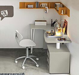 Scrivania angolare con cassettiera e piano sagomato, finitura Rovere dorian