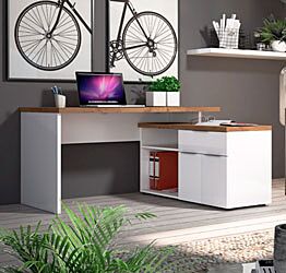 Scrivania ad angolo, finitura Bianco laccato lucido e Castagno