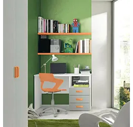 Scrivania con cassettiera e vano a giorno in finitura Grigio dorian, Rovere bianco e Papaya