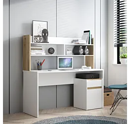 Scrivania con sopralzo, 140x52x132 h cm, Bianco e Rovere Artisan