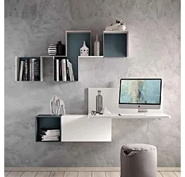 Zona studio con scrivania sospesa in finitura Bianco frassino e Blu reale