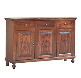 Credenza in legno finitura noce arte povera, con 3 porte intagliata e 3 cassetti 158x102