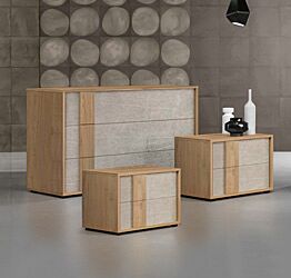 Set moderno comò e comodini, finitura Noce biondo e Graniglia chiaro