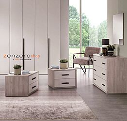 Set moderno composto da comodini e comò, finitura grigio resina chiaro e tortora chiaro, Made in Italy