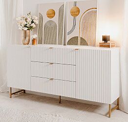 Madia 2 ante e 3 cassetti, bianco opaco con dettagli dorati