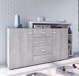 Credenza L.180 cm 2 ante e 4 cassetti, finitura bianco opaco e grigio cemento 