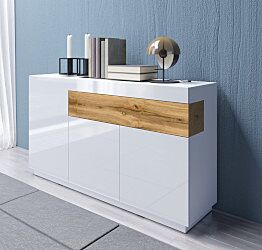 Credenza moderna 3 ante e 1 cassetto, bianco lucido e rovere naturale