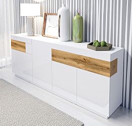 Madia salvaspazio composta da 4 ante e 2 cassetti, rovere naturale e bianco lucido 