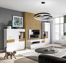 Sala moderna completa, finitura rovere naturale e bianco lucido 