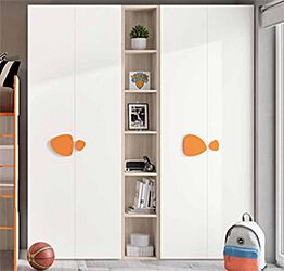 Armadi battenti con libreria 5 ripiani, finitura Bianco, Olmo natura e Arancio 
